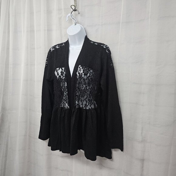 Black Lace Knit Cardigan Twee Coquette Whimsigoth Ribbed Sheer Y2K L - Picture 6 of 12